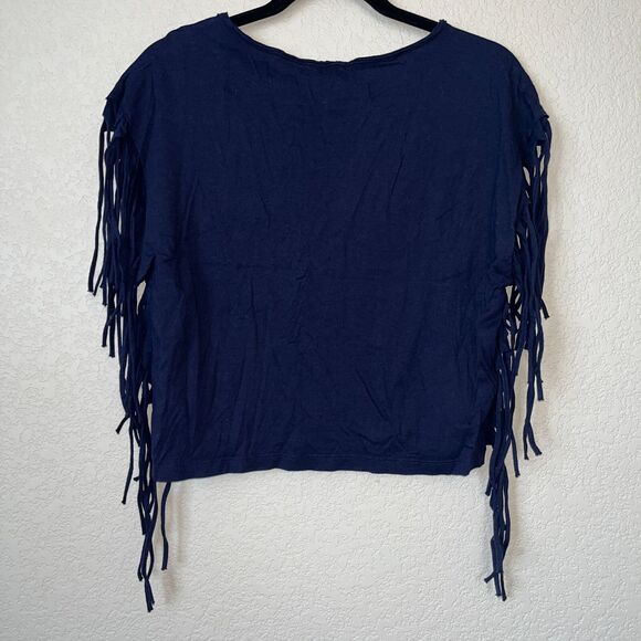 Forever 21 Womens Sz M Cropped Fringe T Shirt Blue White Boho Festival - Picture 4 of 4